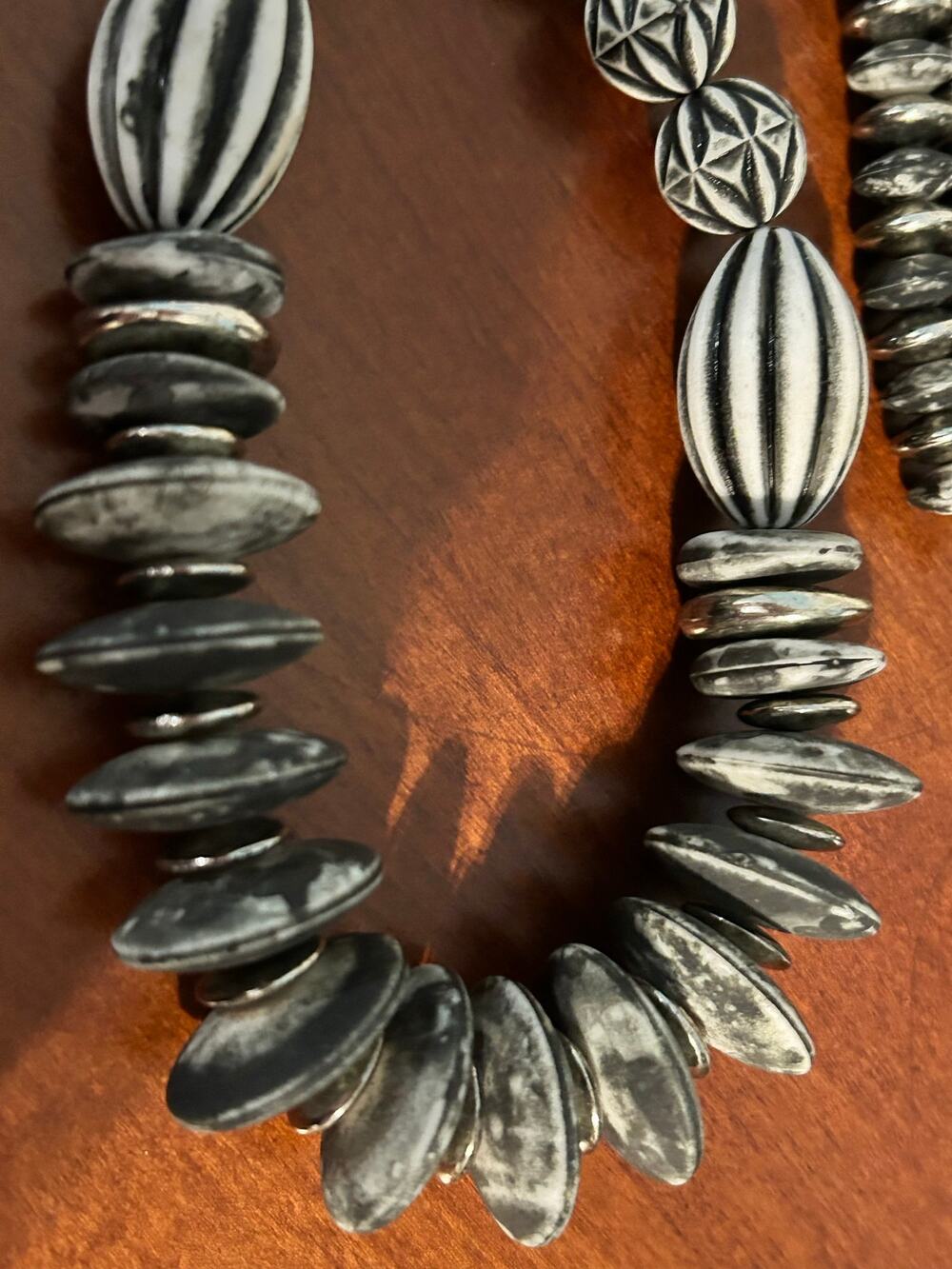 Vintage Navajo Pearl Style Oxidized Silver Melon Fluted Saucer Bead Necklace 24"